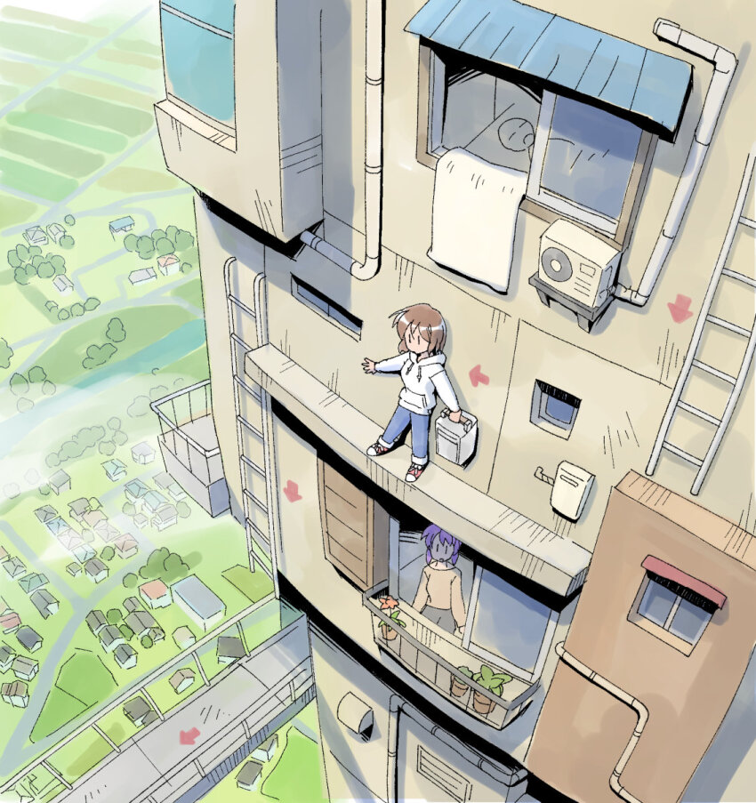 2girls air_conditioner balcony box brown_hair building cloud commentary condenser_unit denim from_above highres holding holding_box industrial_pipe jeans ladder ledge masuki multiple_girls original outdoors pants purple_hair river road short_hair skyscraper town townscape walkway window