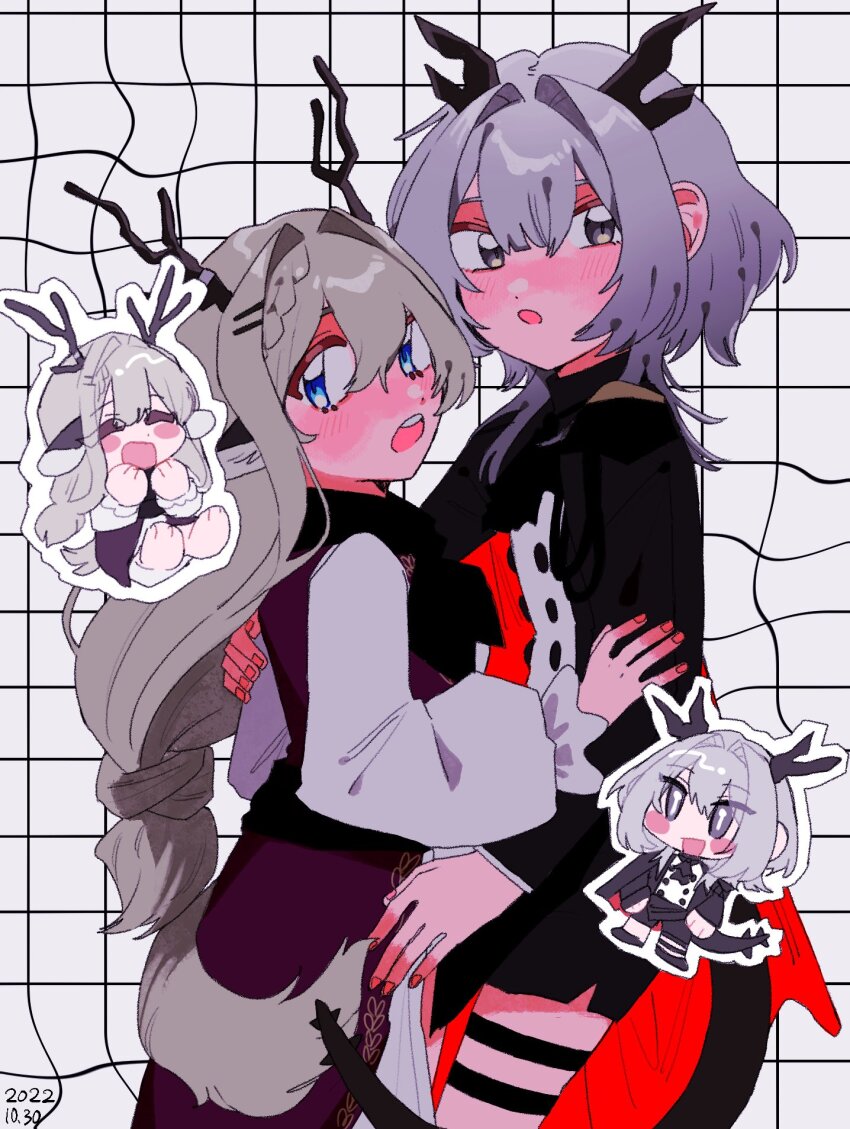 2girls alina_(arknights) animal_ears antler_ring antlers arknights ascot black_ascot blonde_hair blue_eyes brown_eyes chibi chibi_inset deer_antlers deer_ears deer_girl deer_tail dragon_girl dragon_horns dragon_tail epaulettes grey_hair hair_intakes highres horns kawaii_inu5 multiple_girls tail talulah_(arknights) yuri
