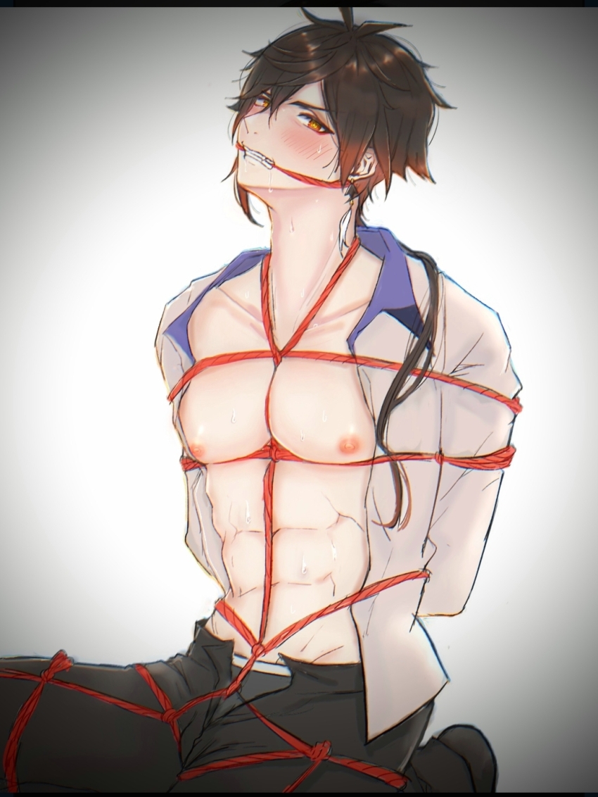 bdsm bondage bound earrings gagged gagged_male genshin_impact highres jewelry looking_at_viewer male_focus okmow0627 open_clothes open_shirt shibari single_earring zhongli_(genshin_impact)