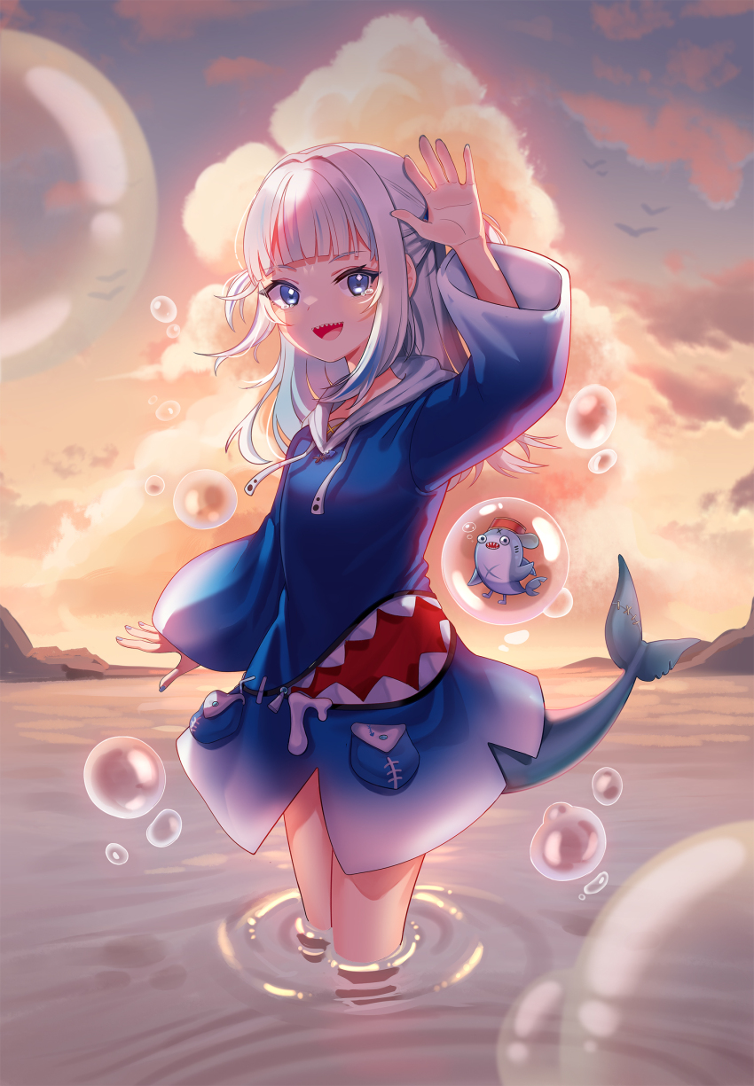 1girl animal_costume aqua_nails blue_eyes blue_hair blue_hoodie bubble cloud cloudy_sky fingernails fins fish_tail gawr_gura gawr_gura_(1st_costume) hair_ornament hand_up highres hololive hololive_english hood hood_down hoodie laggingdlc long_hair looking_at_viewer medium_hair multicolored_hair ocean open_mouth pocket shark_costume shark_girl shark_hair_ornament shark_tail sharp_teeth sky smile solo standing streaked_hair tail tearing_up teeth two_side_up virtual_youtuber waving white_hair