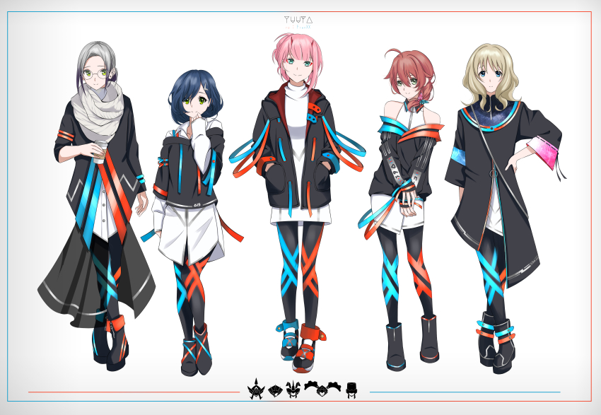 5girls absurdres blonde_hair blouse blue_eyes boots brown_hair darling_in_the_franxx disposable_coffee_cup disposable_cup full_body glasses gradient_background hand_on_own_hip highres ichigo_(darling_in_the_franxx) ikuno_(darling_in_the_franxx) kokoro_(darling_in_the_franxx) miku_(darling_in_the_franxx) multiple_girls original pink_hair shirt shoes short_hair simple_background standing white_shirt yuuta_(yuuta0312) zero_two_(darling_in_the_franxx)