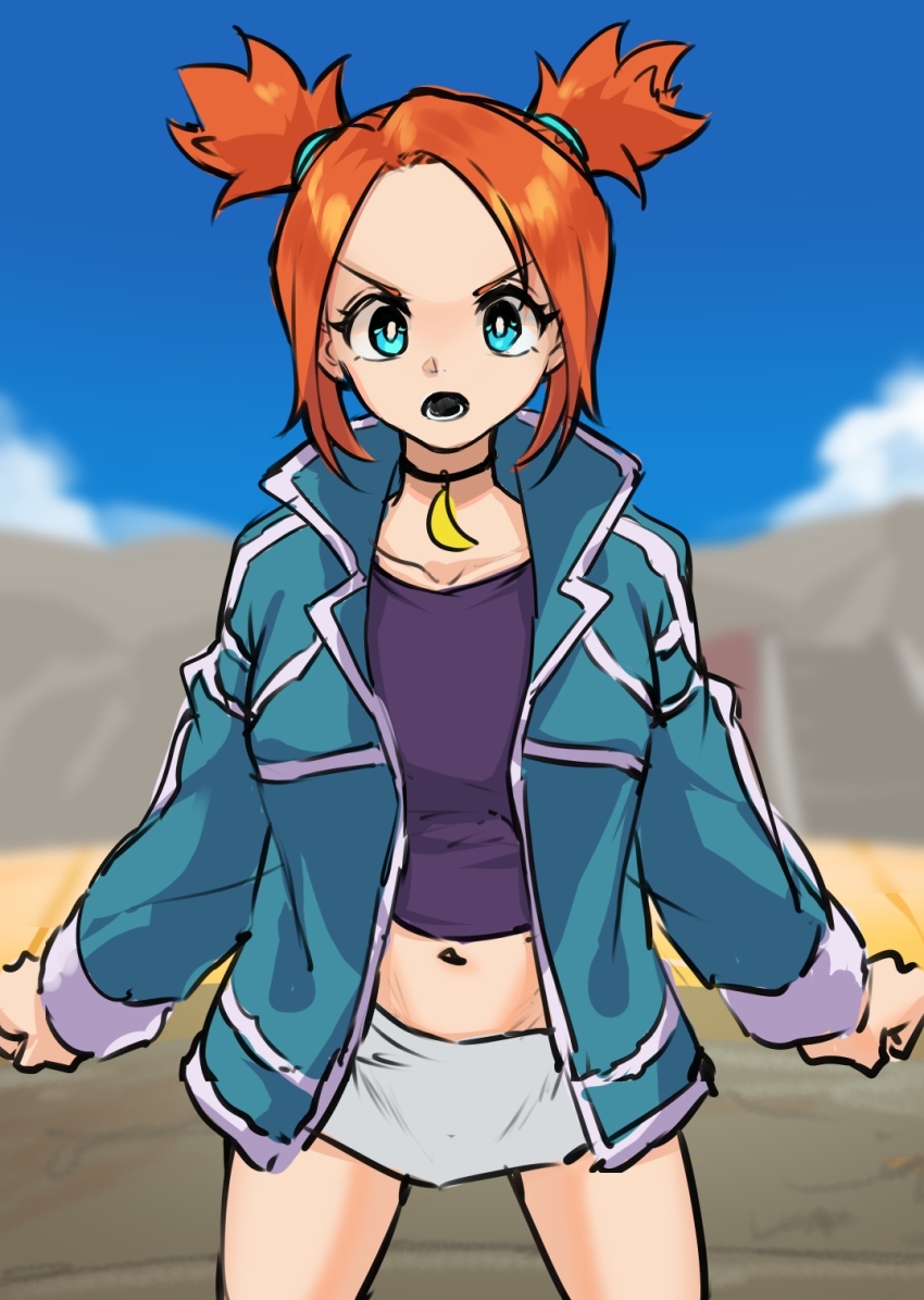 1girl aqua_jacket black_choker blue_eyes blurry blurry_background bright_pupils choker cloud collarbone commentary_request day highres jacket long_sleeves looking_at_viewer lower_teeth_only miniskirt naka_(easygoing_naka) navel nintendo open_clothes open_jacket open_mouth orange_hair outdoors pokemon pokemon_colosseum purple_shirt rui_(pokemon) shirt skirt sky solo teeth textless_version two_side_up white_pupils