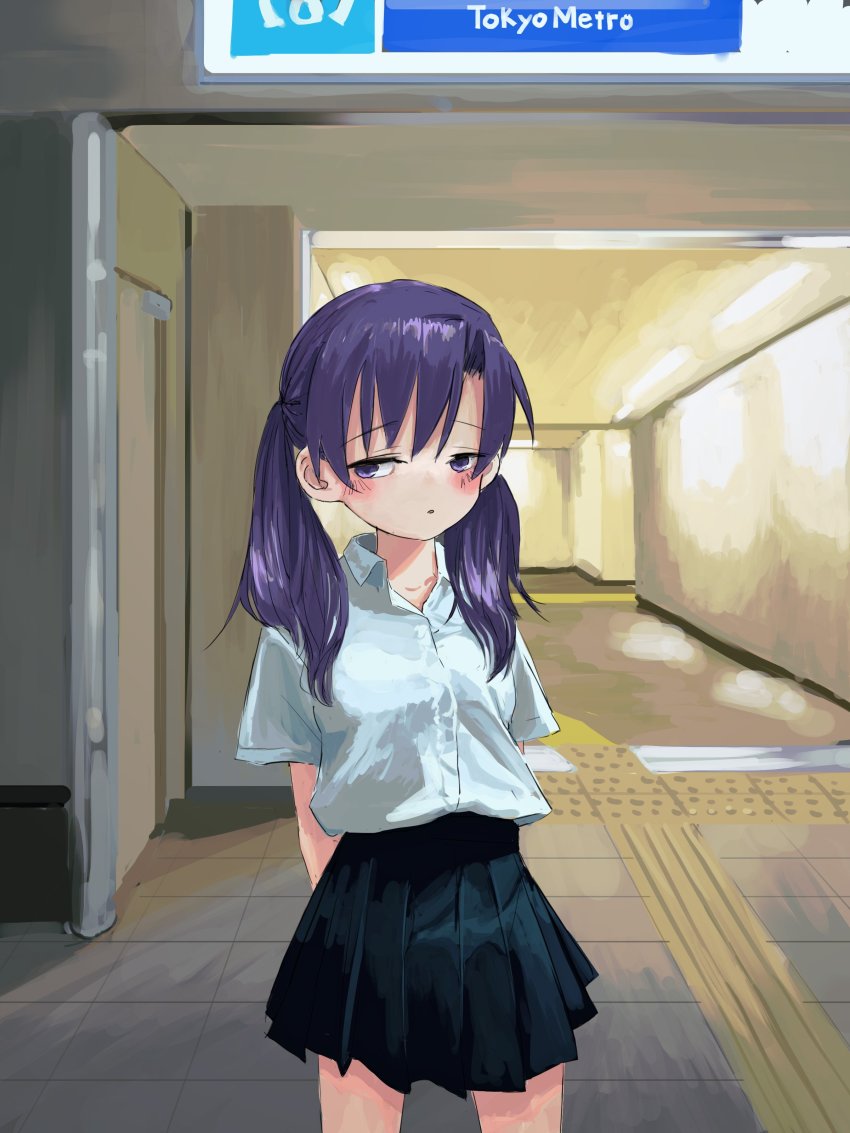 1girl absurdres alternate_hairstyle bad_id bad_twitter_id black_skirt blush collared_shirt gishiki_(gshk) goshiki_agiri highres kill_me_baby looking_at_viewer parted_lips pleated_skirt purple_eyes purple_hair shirt short_sleeves skirt solo twintails white_shirt wing_cap