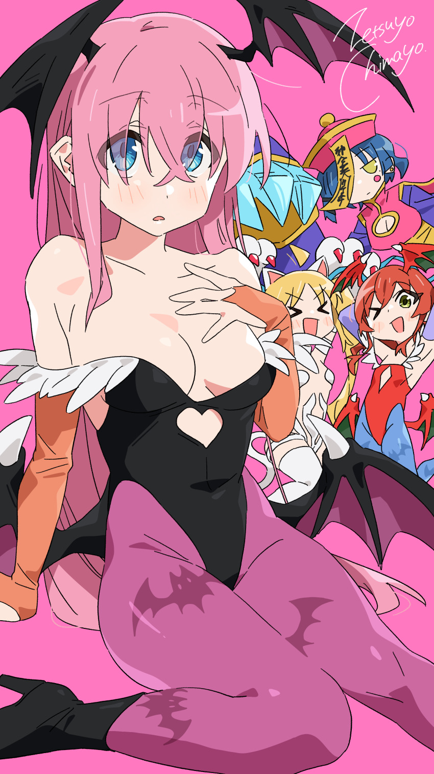 &gt;_&lt; &gt;_o 4girls :d ;d absurdres animal_print bare_shoulders bat_print black_footwear black_leotard blonde_hair blue_eyes blue_hair bocchi_the_rock! breasts bridal_gauntlets claws cleavage commentary_request cosplay darkstalkers demon_wings eyes_visible_through_hair felicia_(darkstalkers) felicia_(darkstalkers)_(cosplay) gotoh_hitori hair_between_eyes hand_on_own_chest hat head_wings highres hsien-ko_(cosplay) ijichi_nijika kita_ikuyo large_breasts hsien-ko leotard lilith_(darkstalkers) lilith_(darkstalkers)_(cosplay) long_hair looking_at_viewer morrigan_aensland morrigan_aensland_(cosplay) multiple_girls ofuda one_eye_closed open_mouth pantyhose pink_background pink_hair pink_pantyhose print_pantyhose qingdai_guanmao red_hair red_leotard simple_background sitting smile wings yamada_ryo zetsuyo_chimayo