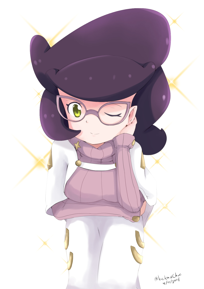 1girl arm_under_breasts artist_name bent_over big_hair blackma_(pagus0012) breasts capelet dated glasses green_eyes head_rest high-waist_skirt highres large_breasts long_sleeves looking_at_viewer medium_skirt nintendo one_eye_closed pencil_skirt pink-framed_eyewear pink_sweater pokemon pokemon_sm purple_hair ribbed_sweater short_hair skirt smile solo sweater sweater_guard turtleneck turtleneck_sweater white_capelet white_skirt wicke_(pokemon)