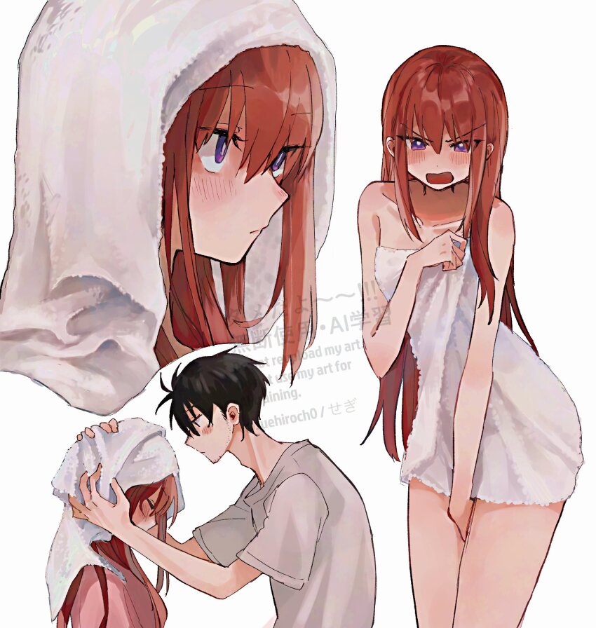1boy 1girl blush drying drying_another&#039;s_hair drying_hair embarrassed highres long_hair looking_at_viewer makise_kurisu multiple_views naked_towel okabe_rintarou purple_eyes red_hair science_adventure simple_background steins;gate suehiroch0 towel towel_on_head twitter_username watermark white_background