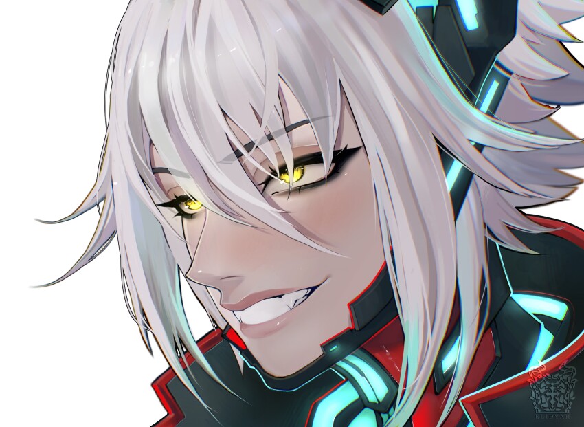 1girl chin_guard close-up commentary elidyah english_commentary fangs grin highres horns mechanical_horns short_hair smile solo teeth virtual_youtuber vshojo white_background white_hair yellow_eyes zentreya zentreya_(cyborg) zentreya_(cyborg)_(1st_costume)