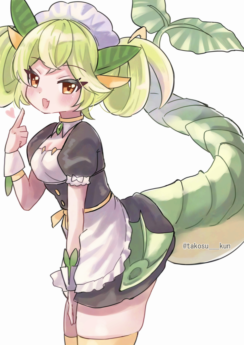 1girl absurdres apron blush breasts dragon_girl dragon_horns dragon_tail dragon_wings duel_monster finger_to_face frilled_apron frilled_hairband frilled_sleeves frills green_eyes hairband highres horns long_hair looking_at_viewer maid maid_apron maid_headdress medium_breasts nikuko open_mouth orange_eyes parlor_dragonmaid puffy_short_sleeves puffy_sleeves short_sleeves simple_background smile solo tail thighhighs twitter_username waist_apron white_apron white_background wings wrist_cuffs yellow_thighhighs yu-gi-oh!