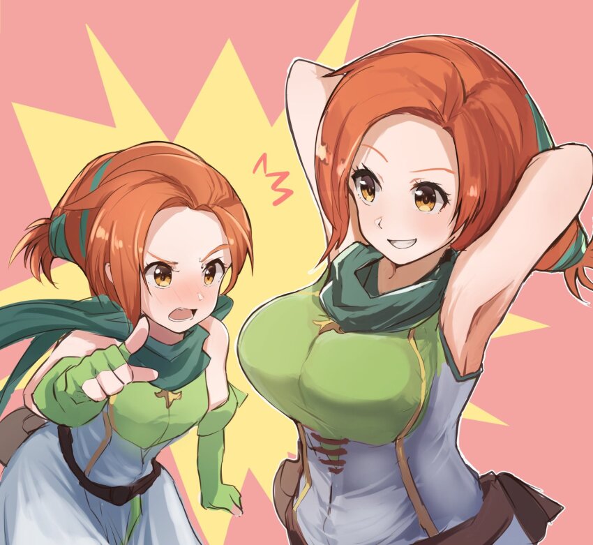 1girl alternate_breast_size angry belt_pouch breast_envy breasts cath_(fire_emblem) dittoforsmash fire_emblem fire_emblem:_the_binding_blade gloves green_gloves green_scarf highres large_breasts nintendo orange_eyes orange_hair pouch scarf size_difference xane_(fire_emblem)