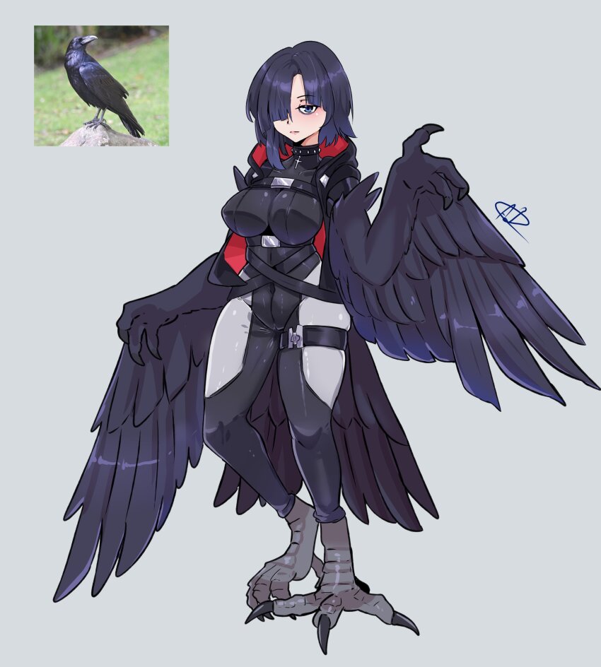 1girl a.c._hunter absurdres bird bird_legs bird_tail black_feathers black_hair black_jacket black_wings blue_eyes bodysuit breasts choker claws commentary crow english_commentary feathered_wings feathers grey_background hair_over_one_eye harpy highres jacket large_breasts medium_hair monster_girl original personification red_jacket reference_inset simple_background sleeveless sleeveless_jacket solo spiked_choker spikes tail talons winged_arms wings