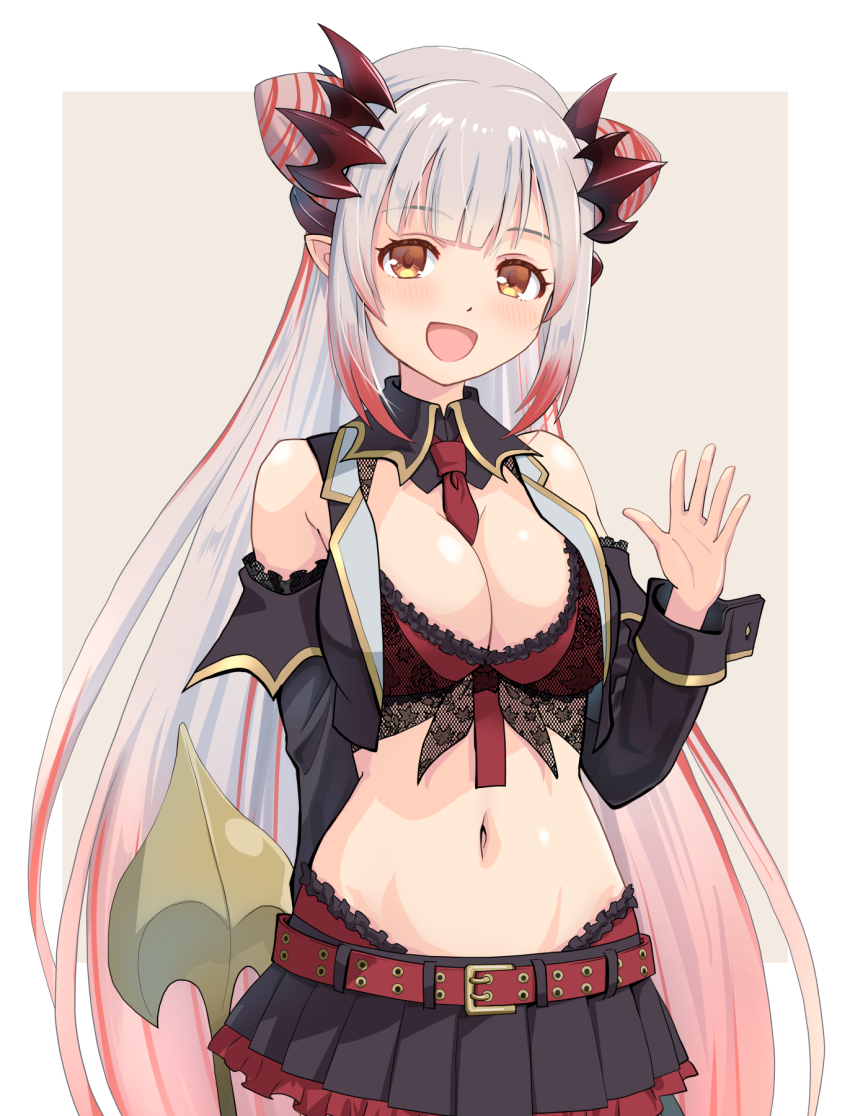 1girl bare_shoulders belt black_skirt blunt_bangs blush border bra breasts cleavage commentary_request crop_top demon_girl demon_horns demon_tail double_bun gradient_hair hair_between_eyes hair_bun haniwa_(leaf_garden) highres horns indie_virtual_youtuber large_breasts long_hair looking_at_viewer midriff multicolored_hair navel necktie open_mouth red_bra red_hair red_necktie skirt solo streaked_hair suou_patra suou_patra_(1st_costume) tail underwear virtual_youtuber waving white_hair yellow_eyes