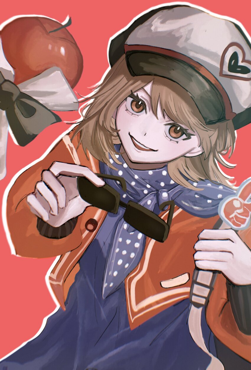1girl :d apple apple_(reverse:1999) black_bow black_bowtie blue_dress blue_neckerchief bow bowtie brown_hair dress food fruit hands_up hat highres holding holding_removed_eyewear holding_strap jacket looking_at_viewer neckerchief newsboy_cap open_clothes open_jacket open_mouth orange_eyes polka_dot_neckerchief red_background red_jacket regulus_(reverse:1999) reverse:1999 short_hair smile solo sunglasses susugi_(susug1_1) teeth traditional_bowtie unworn_eyewear upper_body upper_teeth_only
