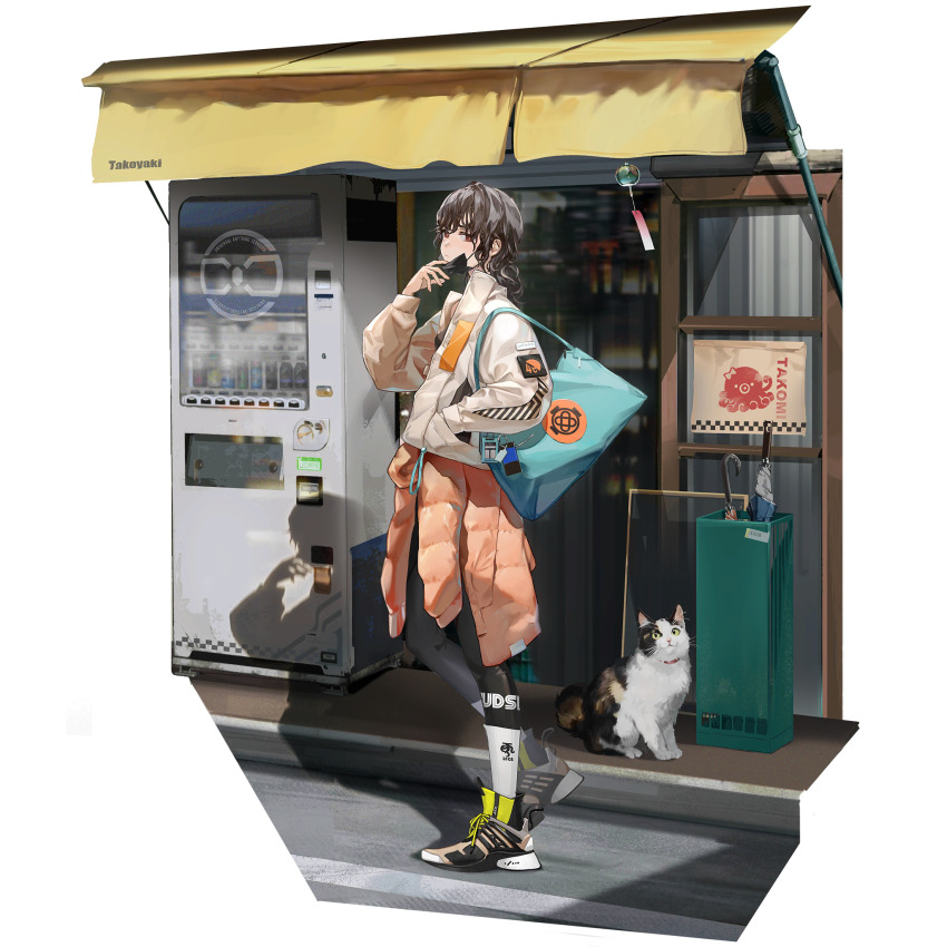 1girl black_hair black_leggings blue_bag cat faux_figurine food full_body game_cg girls&#039;_frontline girls&#039;_frontline_neural_cloud hatsuchiri_(cotton_candy_kiss)_(neural_cloud) hatsuchiri_(neural_cloud) highres jacket leggings lin+ looking_at_viewer mask mask_pull mouth_mask official_alternate_costume official_art red_eyes shoes sideways_glance sneakers socks storefront takoyaki third-party_source vending_machine wavy_hair white_jacket white_socks