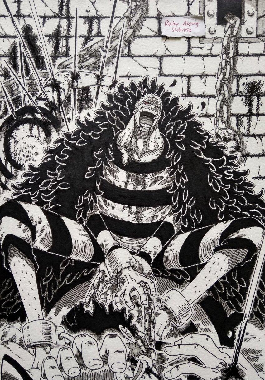 3boys artist_name black_coat black_hair blonde_hair blood blood_on_face blood_on_hands chain coat commentary cuffs donquixote_doflamingo earrings english_commentary handcuffs highres indoors injury jewelry leg_hair male_focus mas_ricky_acong_subroto monochrome multiple_boys one_piece open_mouth prison prison_cell prison_clothes scar scar_on_face short_hair sitting sitting_on_person smile sunglasses teeth thread