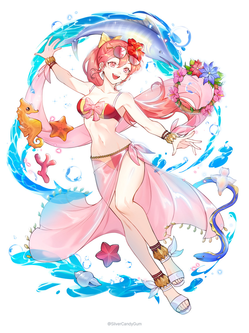 1girl :d absurdres alternate_costume anklet artist_name bikini bow bracelet breasts bubble commentary commission eel english_commentary eyewear_on_head fire_emblem fire_emblem:_mystery_of_the_emblem fish flower full_body hair_bow hair_flower hair_ornament hibiscus highres jewelry long_hair medium_breasts multicolored_bikini navel nintendo open_mouth open_shoes outstretched_arms phina_(fire_emblem) pink-tinted_eyewear pink_bow pink_eyes pink_hair pink_sarong pixiv_commission ponytail red_flower sandals sarong seahorse seashell shell silvercandy_gum simple_background smile solo spread_arms starfish stomach sunglasses swimsuit swordfish teeth tinted_eyewear toes upper_teeth_only water white_background white_sandals yellow_bow