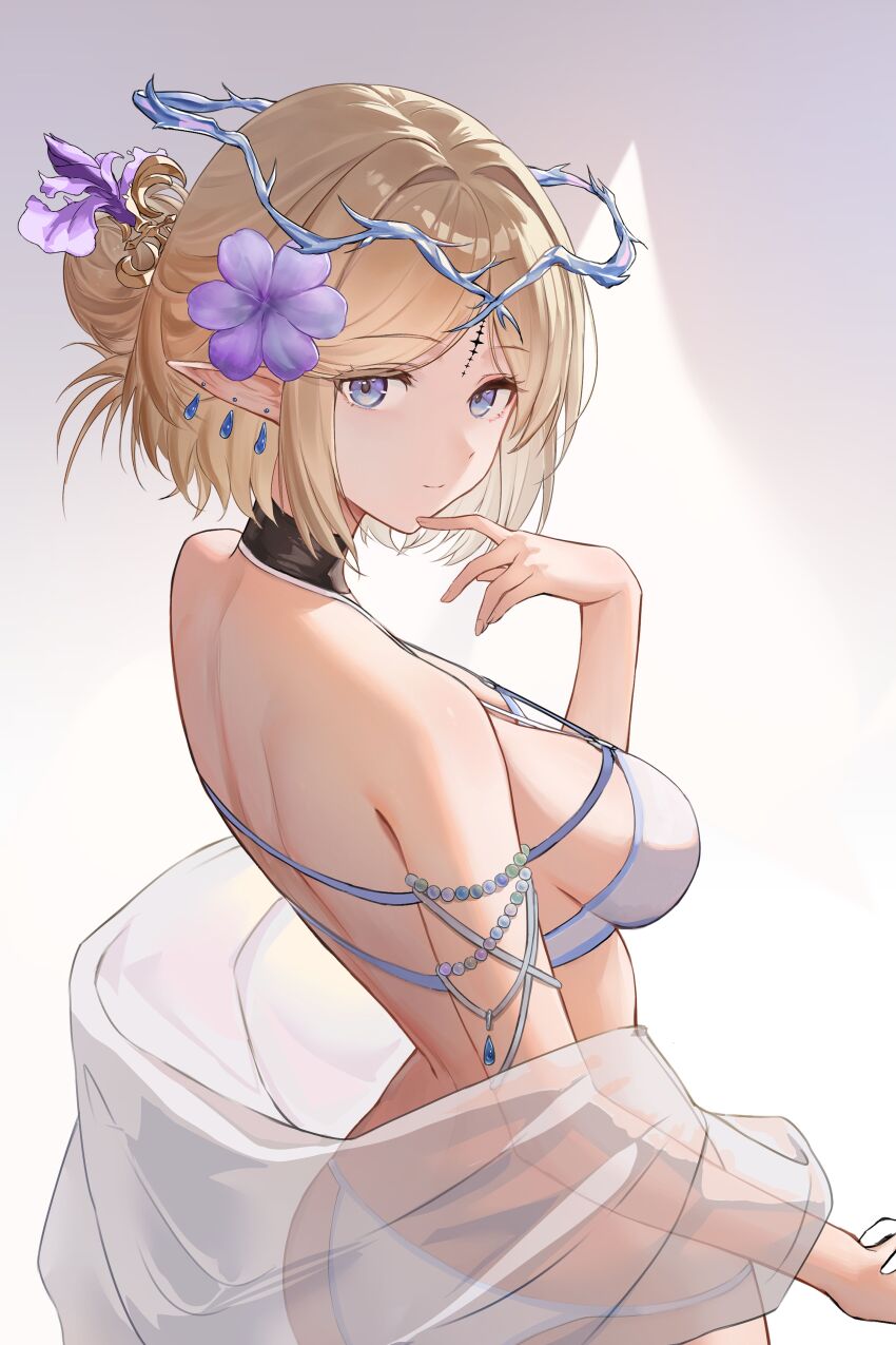 1girl absurdres bare_shoulders bikini blonde_hair blue_eyes cartethyia_(wuthering_waves) closed_mouth commentary cowboy_shot crown_of_thorns earrings from_behind hair_ornament highres hodangdang_ok jewelry looking_at_viewer parted_bangs pointy_ears short_hair shoulder_blades simple_background smile solo swimsuit swimsuit_cover-up tacet_mark_(wuthering_waves) white_background white_bikini wuthering_waves