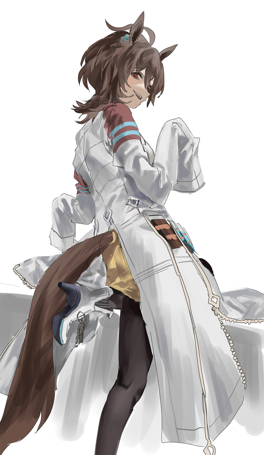 1girl agnes_tachyon_(umamusume) ahoge animal_ears bandolier belt black_pantyhose boots brown_hair clothing_cutout coat cork cowboy_shot earrings grin hair_between_eyes high_heel_boots high_heels highres horse_ears horse_girl horse_tail jewelry jw_(p_p_pp_pp) lab_coat long_sleeves looking_at_viewer pantyhose red_eyes short_hair simple_background single_earring sleeves_past_wrists smile solo sweater_vest tail tail_through_clothes test_tube umamusume white_background white_boots white_coat yellow_sweater_vest