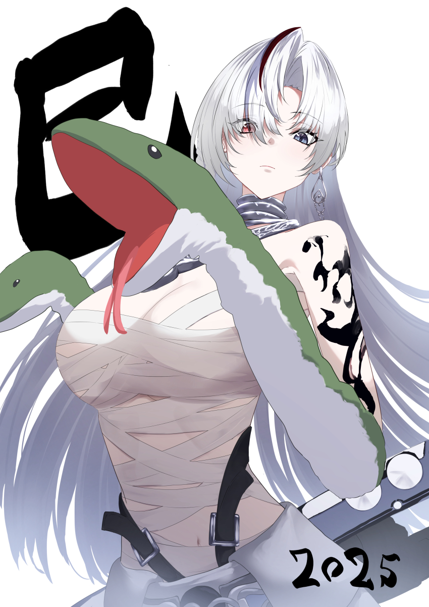 1girl 2025 absurdres alpha:_crimson_weave_(zhuolu&#039;s_rain)_(pgr) alpha_(pgr) arm_tattoo bandaged_chest bandages blue_eyes breasts chinese_zodiac cleavage earrings hand_puppet heterochromia highres jewelry long_hair looking_at_viewer alpha:_crimson_weave_(pgr) medium_breasts navel new_year punishing:_gray_raven puppet red_eyes red_streaks simple_background single_earring snake snake_puppet takashi_san tattoo white_background white_hair year_of_the_snake