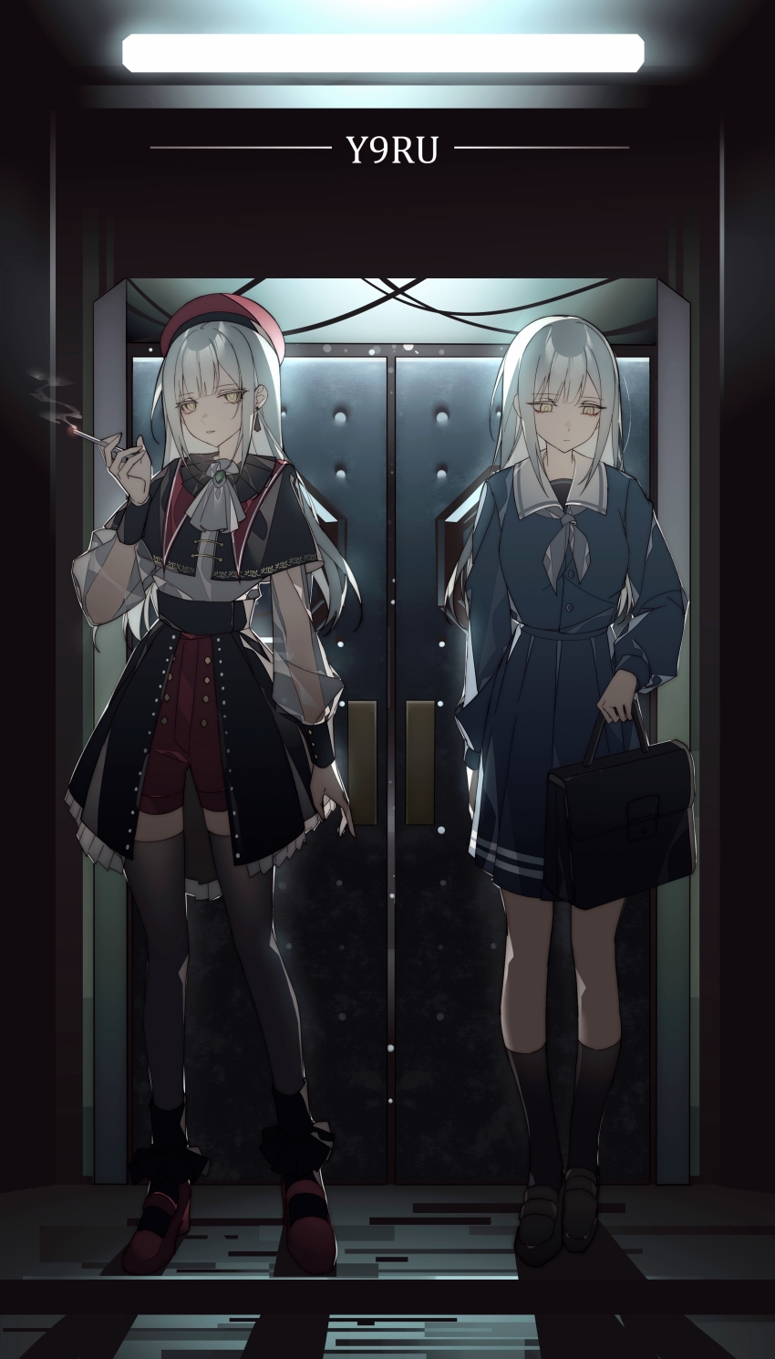 2girls absurdres anklet arm_at_side ascot backlighting bag bang_dream! bang_dream!_it&#039;s_mygo!!!!! black_capelet black_collar black_skirt black_wrist_cuffs blue_brooch blue_serafuku blue_skirt buttons cable capelet cigarette closed_mouth collar commentary dual_persona earrings elevator elevator_door english_commentary expressionless frilled_anklet frilled_collar frills full_body green_hair grey_neckerchief grey_pantyhose hair_between_eyes hand_up highres holding holding_bag holding_cigarette indoors jewelry kneehighs legs_apart loafers long_hair long_sleeves looking_at_viewer looking_down mary_janes mortis_(bang_dream!) mortis_(costume)_(bang_dream!) multiple_girls neckerchief open_clothes open_skirt pantyhose pantyhose_under_shorts parted_lips pleated_skirt red_capelet red_shoes red_shorts sailor_collar school_uniform see-through_clothes see-through_sleeves serafuku shadow shirt shoes shorts shorts_under_skirt sidelocks skirt smoke smoke_trail socks standing straight-on striped_clothes striped_skirt tsukinomori_school_uniform waist_cape wakaba_mutsumi wall_lamp white_ascot white_sailor_collar white_shirt winter_uniform wrist_cuffs yellow_eyes yexinhan
