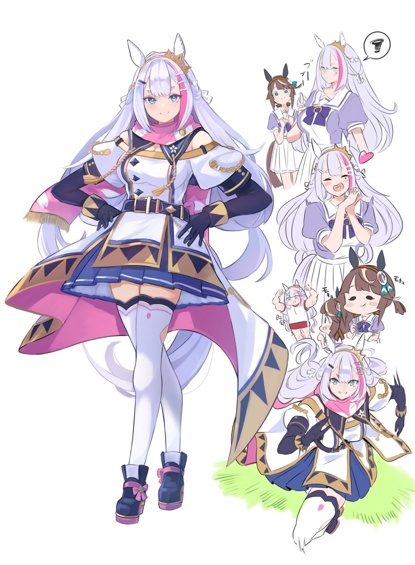 2girls aqua_eyes blush_stickers breasts brown_hair chibi cleavage coat commentary_request concept_art ear_covers eating gym_shirt gym_shorts hair_between_eyes heart heart_in_mouth highres light_brown_hair light_purple_hair long_hair looking_at_viewer medium_breasts meikei_yell_(racehorse) multicolored_hair multiple_girls multiple_views muscular muscular_female off-shoulder_coat off_shoulder original personification pink_coat pink_hair pleated_skirt puffy_short_sleeves puffy_sleeves purple_shirt red_shorts rivalry running sailor_collar sailor_shirt school_uniform shirt short_sleeves shorts simple_background skirt sodashi_(racehorse) sound_effects spoken_squiggle squiggle streaked_hair summer_uniform thick_eyebrows thighhighs tracen_school_uniform two-sided_fabric umamusume white_background white_coat white_sailor_collar white_skirt white_thighhighs yokoji_(kodai2015) zettai_ryouiki