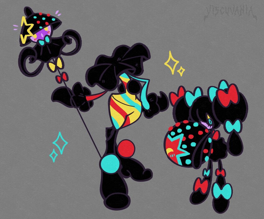 1girl 1other absurdres alternate_color alternate_shiny_pokemon blacephalon black_hair black_sclera blue_bow blue_eyes blush bow colored_sclera colored_skin disembodied_head dress gen_5_pokemon gen_7_pokemon gothorita grey_background hair_bow highres holding holding_staff lampent long_hair looking_at_viewer nintendo pokemon pokemon_(creature) polka_dot purple_skin red_bow simple_background sparkle staff twintails ultra_beast viscuvania
