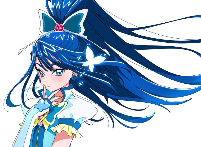 1girl arm_warmers blue_eyes blue_hair blue_vest blush bug butterfly butterfly_brooch butterfly_earrings butterfly_hair_ornament cure_aqua earrings frilled_sleeves frills hair_ornament hand_on_own_face highres insect jewelry looking_at_viewer minazuki_karen ponytail precure shirako_love signature straight_hair vest yes!_precure_5