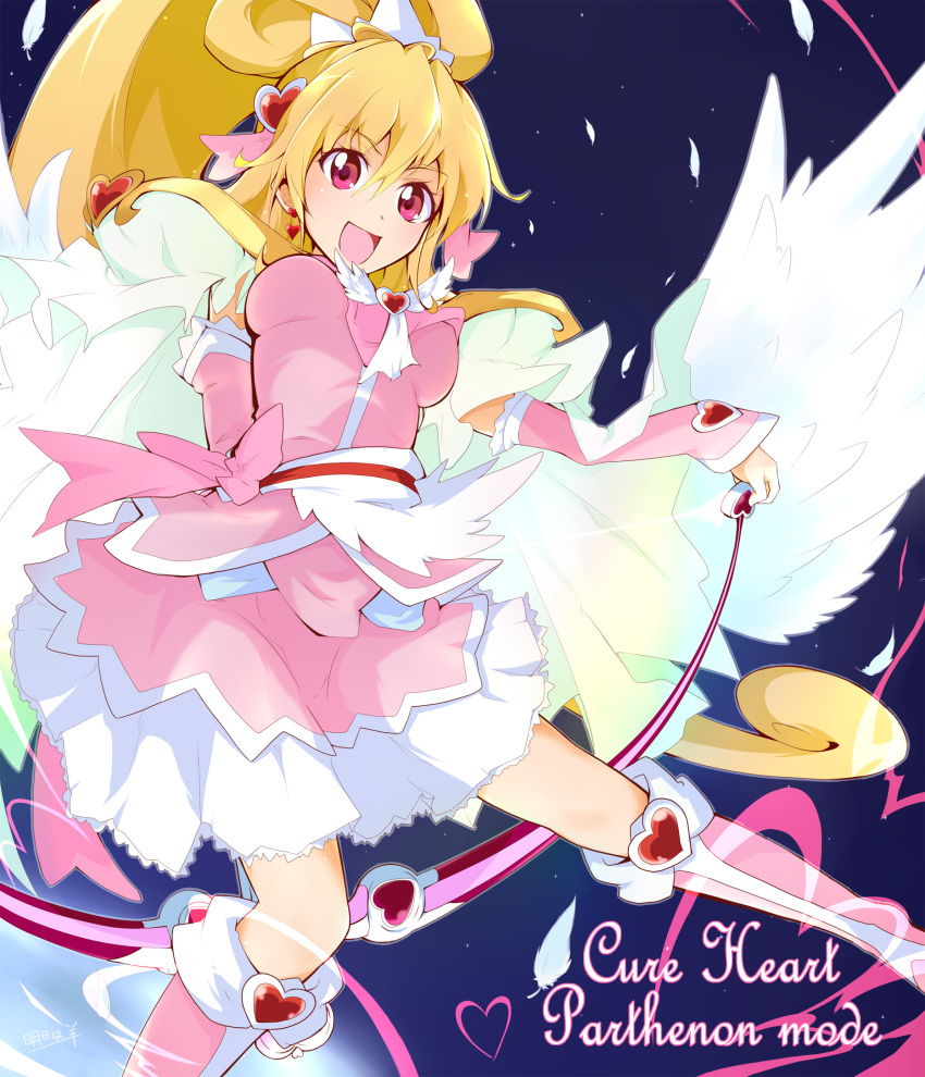 1girl :d aida_mana arm_warmers ashita_wa_hitsuji blonde_hair blue_background boots bow bow_(weapon) brooch cape character_name cure_heart cure_heart_(parthenon_mode) dokidoki!_precure female_focus full_body hair_ornament half_updo heart heart_brooch heart_hair_ornament high_ponytail highres jewelry knee_boots long_hair looking_at_viewer magical_girl open_mouth pink_boots pink_bow pink_eyes ponytail precure ribbon smile solo weapon wing_brooch wings