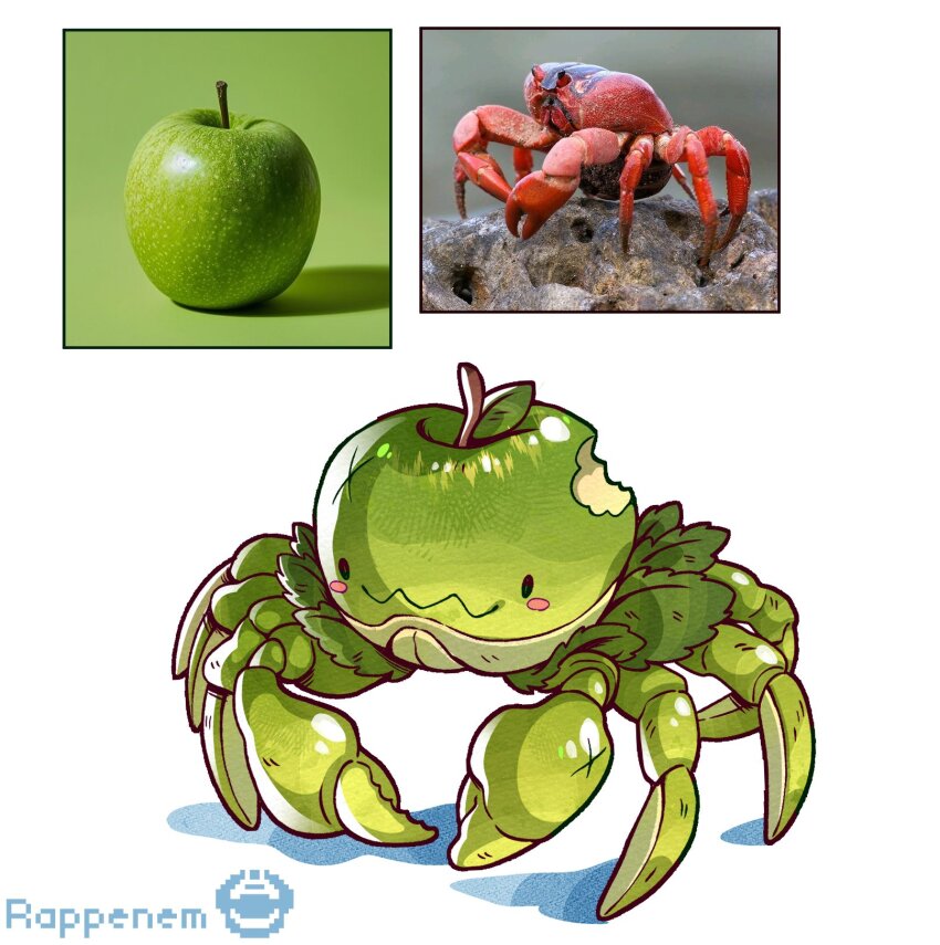 animal_focus apple artist_name claws closed_mouth commentary crab food fruit fusion green_apple highres no_humans original photo_inset rappenem simple_background smile symbol-only_commentary twitter_username white_background wide_oval_eyes