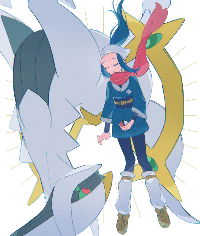 1girl akari_(pokemon) arceus black_hair black_pantyhose brown_footwear closed_eyes closed_mouth commentary_request creatures_(company) eyelashes floating_scarf game_freak gen_4_pokemon headscarf highres hime_(himetya105) holding holding_poke_ball jacket legendary_pokemon long_hair loose_socks mythical_pokemon nintendo pantyhose poke_ball poke_ball_(basic) pokemon pokemon_(creature) pokemon_legends:_arceus ponytail scarf shirt shoes sidelocks skirt smile socks white_background white_headscarf white_headwear white_socks