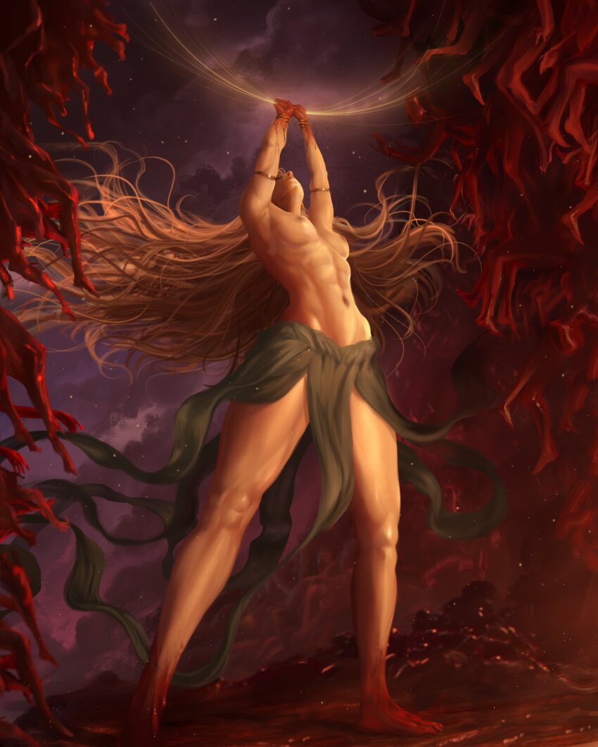 1girl abs absurdres armlet bare_shoulders blonde_hair blood blood_on_feet bracelet breasts caio_santos cleavage elden_ring elden_ring:_shadow_of_the_erdtree gold_bracelet golden_armlet highres jewelry long_hair queen queen_marika_the_eternal robe solo toned toned_female topless_female very_long_hair
