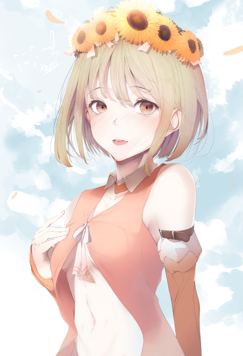 1girl absurdres bad_id bad_pixiv_id bare_shoulders breasts brown_eyes brown_hair chunithm cloud day detached_sleeves flower hair_flower hair_ornament hat highres hito_komoru_(style) kisaragi_yaya looking_at_viewer outdoors revealing_clothes short_hair sky sky_feather_(chunithm) small_breasts solo sunflower tongue tongue_out upper_body