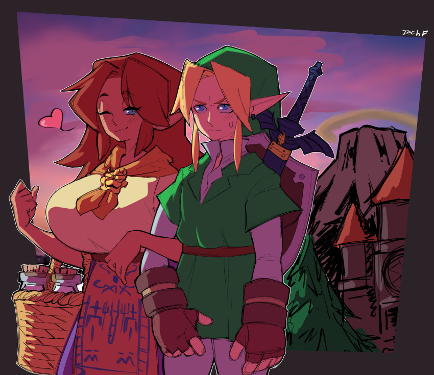 1boy 1girl absurdres alternate_breast_size arm_grab artist_name basket blonde_hair blue_eyes bottle breasts brown_gloves brown_hair dress fingerless_gloves gloves green_tunic hand_on_another&#039;s_arm hat heart highres huge_breasts kokiri link long_hair malon medium_hair milk_bottle neckerchief nervous nintendo one_eye_closed outdoors pointy_ears shirt short_sleeves skirt smile standing sword techfuzz the_legend_of_zelda the_legend_of_zelda:_ocarina_of_time tunic weapon weapon_on_back