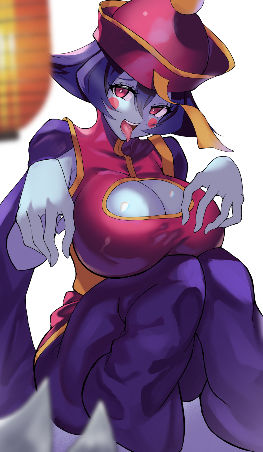 1girl absurdres blue_hair blue_skin blurry blurry_foreground blush_stickers breasts china_dress chinese_clothes cleavage cleavage_cutout clothing_cutout colored_skin dress hat highres jiangshi large_breasts hsien-ko outstretched_arms pink_dress pink_eyes pink_hat sato_one1 short_hair solo tongue tongue_out darkstalkers white_background zombie_pose