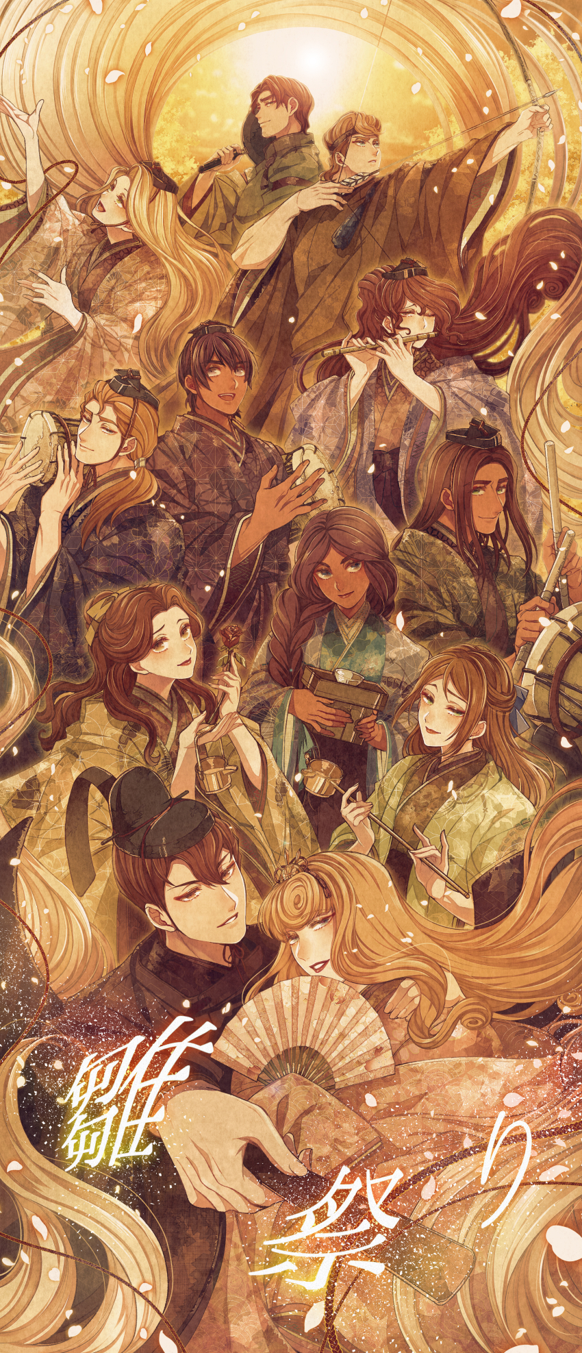 6+boys 6+girls absurdres aladdin_(disney) aladdin_(movie) arrow_(projectile) aurora_(disney) belle_(disney) black_headwear blonde_hair bow_(weapon) braid brown_eyes brown_kimono dark-skinned_female dark-skinned_male dark_skin disney drawing_bow drum flower flynn_rider folding_fan green_eyes green_kimono hand_fan hercules_(disney) highres hinamatsuri hishaku holding holding_bow_(weapon) holding_weapon instrument jane_porter japanese_clothes jasmine_(disney) kimono long_hair megara_(disney) mizala multiple_boys multiple_girls music one_eye_closed playing_flute playing_instrument ponytail print_kimono rapunzel rapunzel_(disney) rose sleeping_beauty sleeping_beauty_(character) taiko_drum tarzan tarzan_(disney) very_long_hair weapon wide_sleeves yellow_kimono