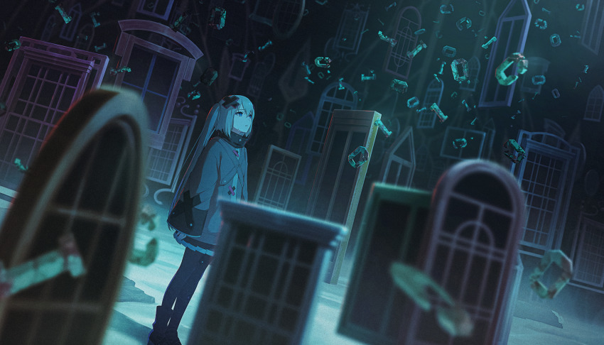 1girl ankle_boots aqua_hair aqua_theme arms_at_sides binary black_boots black_pantyhose black_skirt blue_eyes blurry boots chromatic_aberration coat colorful_palette crying crying_with_eyes_open darkness depth_of_field dot_nose double-parted_bangs dust_cloud dutch_angle film_grain floating floating_object floating_window grey_coat hair_between_eyes hair_ornament hatsune_miku head_back high_collar highres kowareta_sekai_to_utaenai_miku legs_together light_rays long_hair looking_afar muted_color official_art pantyhose parted_bangs parted_lips pleated_skirt project_sekai rust sad sand single_boot skirt sleeves_past_wrists solo standing straight_hair streaming_tears tears third-party_source three_quarter_view too_many too_many_windows tsurime twintails utaenai_miku vanishing_point vocaloid wavy_mouth wide_shot wide_sleeves window x_hair_ornament