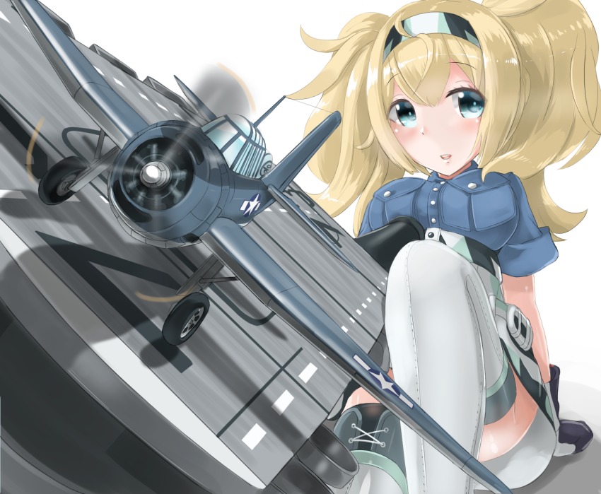 1girl aircraft airplane belt_buckle blonde_hair blue_eyes breast_pocket breasts buckle buttons female_focus flight_deck gambier_bay_(kancolle) gloves hair_between_eyes highres kantai_collection large_breasts long_hair pocket redundant-cat shorts solo tbf_avenger thighhighs twintails white_gloves white_thighhighs