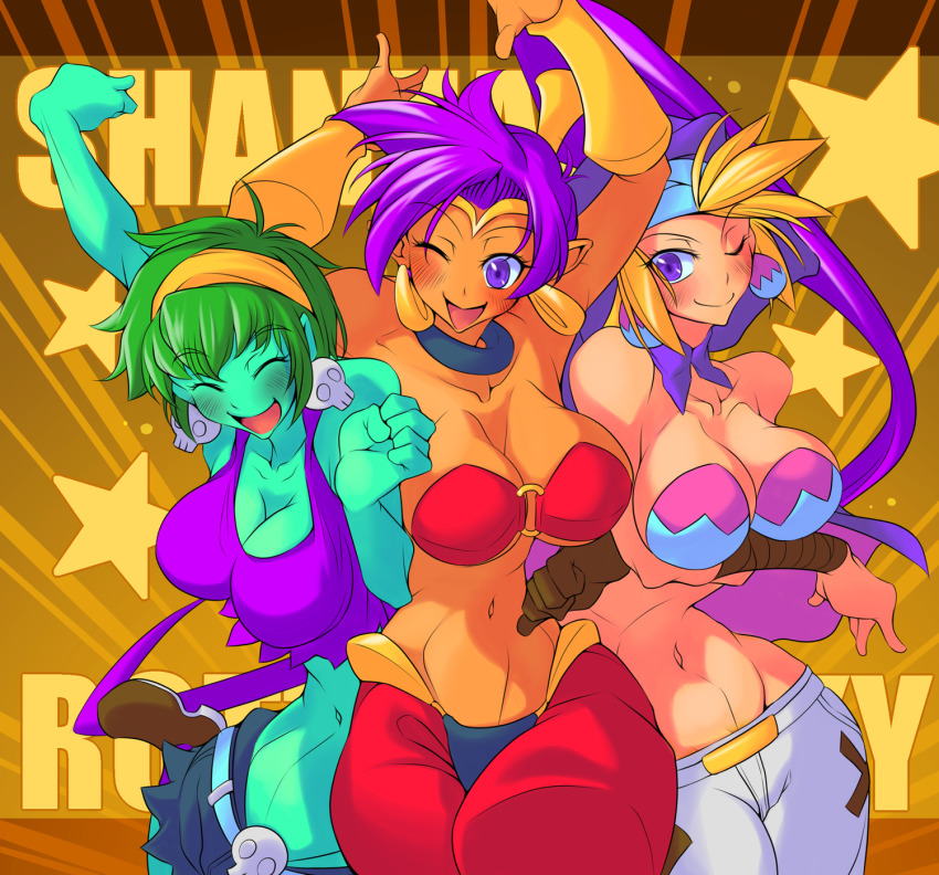 3girls ;) bandeau blonde_hair blush breasts choker circlet cleavage colored_skin commentary_request crossed_arms dark_skin dark-skinned_female earrings green_hair green_skin hairband harem_pants highres hood hoop_earrings impossible_clothes jewelry large_breasts long_hair lowleg lowleg_pants midriff multiple_girls navel o-ring o-ring_top one_eye_closed panties_over_clothes pants ponytail purple_eyes purple_hair rottytops shantae shantae_(series) side-by-side skull_earrings sky_(shantae) smile tank_top underboob vambraces very_long_hair yoshitsuki zombie