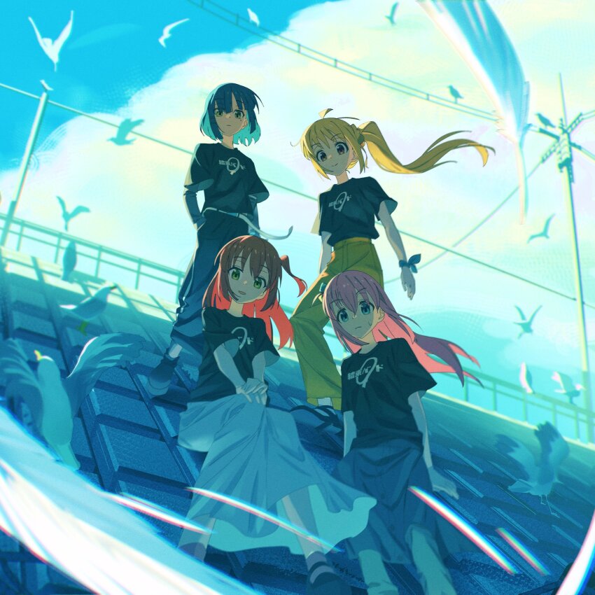 4girls ahoge belt bird black_shirt blonde_hair blue_hair bocchi_the_rock! clothes_writing commentary day expressionless gotoh_hitori hair_between_eyes hand_in_pocket hands_on_own_knee highres ijichi_nijika jdge kita_ikuyo long_hair long_skirt looking_at_viewer mole mole_under_eye multiple_girls one_side_up outdoors pants pink_hair power_lines red_hair shirt short_hair short_sleeves side_ponytail skirt smile standing white_skirt wind yamada_ryo yellow_pants