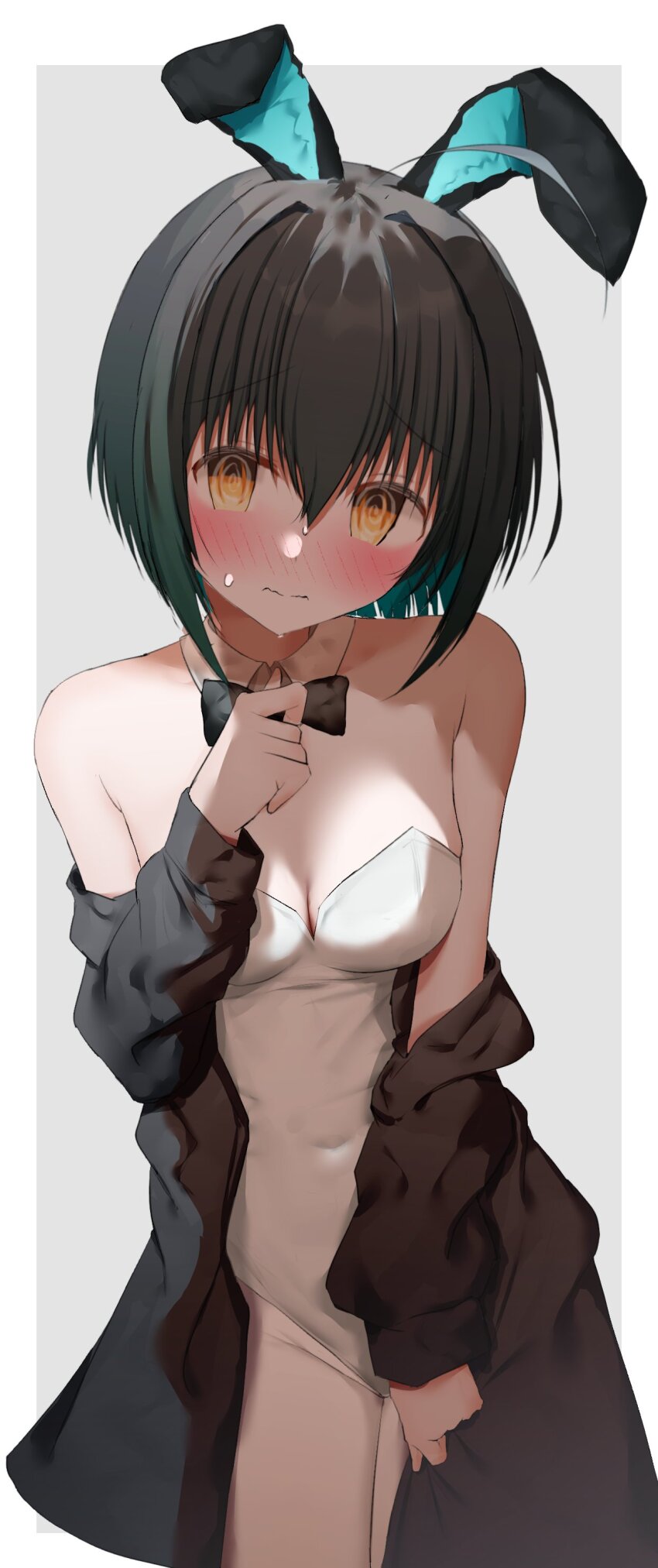 1girl @_@ absurdres ahoge animal_ears ashinagi_(bijutu1) black_hair black_jacket black_ribbon blush breasts brown_eyes brown_pantyhose cleavage collarbone covered_navel detached_collar embarrassed fake_animal_ears hairband highres idolmaster idolmaster_cinderella_girls idolmaster_cinderella_girls_starlight_stage jacket kohinata_miho leotard looking_at_viewer medium_breasts off_shoulder pantyhose rabbit_ears ribbon short_hair simple_background solo standing sweatdrop wavy_mouth white_background white_leotard