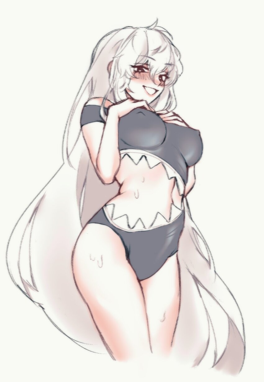 1girl arknights blush breasts commentary covered_erect_nipples cowboy_shot cropped_legs grey_one-piece_swimsuit grin hair_between_eyes hands_on_own_chest highres impossible_clothes large_breasts long_hair looking_at_viewer navel one-piece_swimsuit orz_(kagewaka) simple_background smile solo specter_(arknights) standing stomach sweat swimsuit very_long_hair white_background