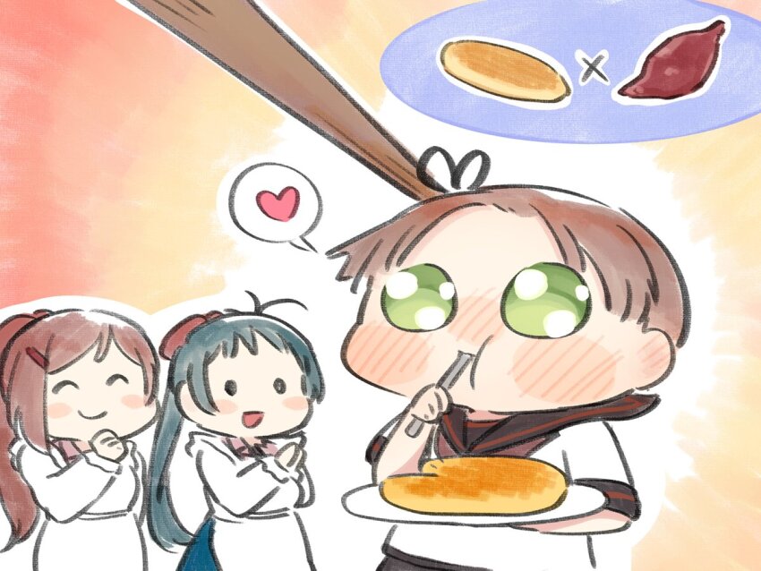 3girls ^_^ apron ayanami_(kancolle) ayanami_kai_ni_(kancolle) black_hair blush brown_hair chibi closed_eyes commentary_request eating expressive_hair food green_eyes heart irako_(kancolle) kantai_collection kappougi kirigaya_yuuji long_hair mamiya_(kancolle) multiple_girls open_mouth pancake plate ponytail school_uniform serafuku side_ponytail smile spoken_heart sweet_potato