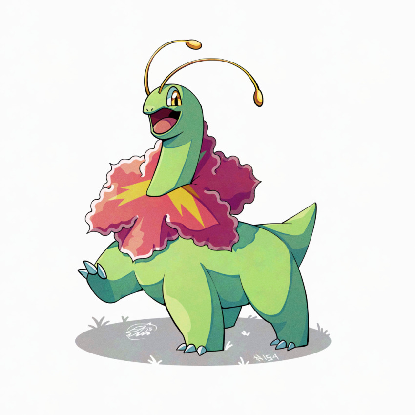 antennae brown_eyes colored_skin full_body gen_2_pokemon green_skin looking_at_viewer meganium mistray-art nintendo no_humans open_mouth pokemon pokemon_(creature) signature simple_background solo tail white_background