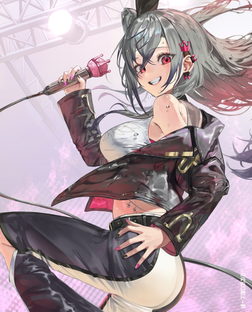 1girl ass belt black_jacket black_nails black_panties bow breasts commentary crop_top crossed_bangs crown_hair_ornament earclip from_side grey_hair grin hair_bow highres holding holding_microphone hololive hololive_dev_is isaki_riona jacket knee_cutout large_breasts leather leather_jacket long_hair long_sleeves looking_at_viewer maro2ki3 microphone multicolored_nails nail_polish open_clothes open_jacket panties pants rabbit_bow red_eyes red_nails side_ponytail sideboob smile solo stage sweat teeth two-sided_fabric two-sided_jacket two-tone_nails two-tone_pants underwear virtual_youtuber white_pants wire