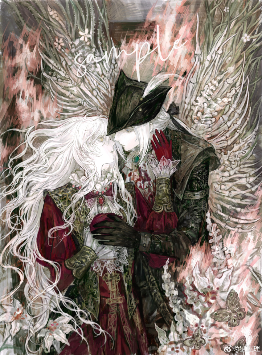2girls absurdres bloodborne bone dress feathers flower hand_on_another&#039;s_face hat highres holding_hands hunter_(bloodborne) lady_maria_of_the_astral_clocktower multiple_girls neck_ruff red_dress sample_watermark tricorne watermark weibo_5337228893 weibo_username weibo_watermark white_flower white_hair yuri