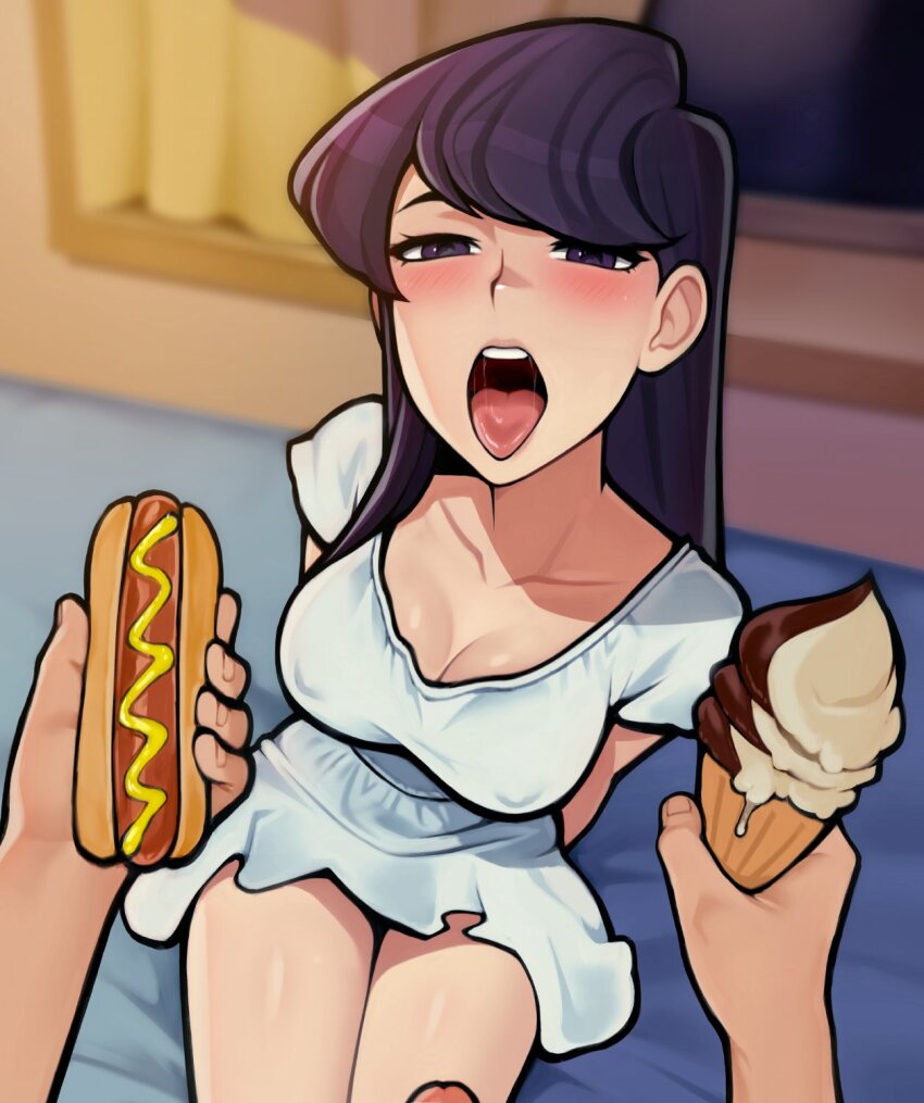 1boy 1girl arms_behind_back blush breasts cleavage collarbone curtains food highres holding holding_food hot_dog ice_cream ice_cream_cone indoors komi-san_wa_komyushou_desu komi_shouko long_hair loodncrood looking_at_viewer medium_breasts nightgown on_bed open_mouth penis penis_peek pov pov_hands purple_eyes purple_hair shiny_skin sitting suggestive_fluid suggestive_food suggestive_gesture suggestive_look thighs white_nightgown