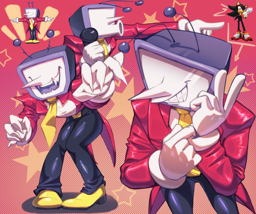 1boy absurdres ant_tenna black_pants claws closed_mouth commentary crt deltarune english_commentary fangs gloves gradient_background grin highres holding holding_microphone long_sleeves male_focus microphone mitsy multiple_views necktie object_head open_mouth orange_background pants pointing pointy_nose polka_dot polka_dot_background pose_imitation red_background shadow_the_hedgehog shoes smile sonic_(series) star_(symbol) t-pose tailcoat white_gloves yellow_necktie yellow_shoes