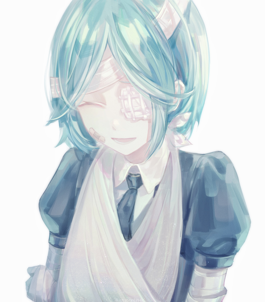 1other ^_^ absurdres androgynous aqua_eyes arm_sling bandaged_hand bandaged_head bandages bandaid bandaid_on_cheek bandaid_on_face black_necktie broken_arm cast closed_eyes commentary english_commentary eyepatch closed_eyes gem_uniform_(houseki_no_kuni) green_hair happy highres houseki_no_kuni humanization injury laughing medical_eyepatch necktie one_eye_covered pale_skin phlic phosphophyllite puffy_short_sleeves puffy_sleeves short_hair short_sleeves simple_background solo upper_body white_background