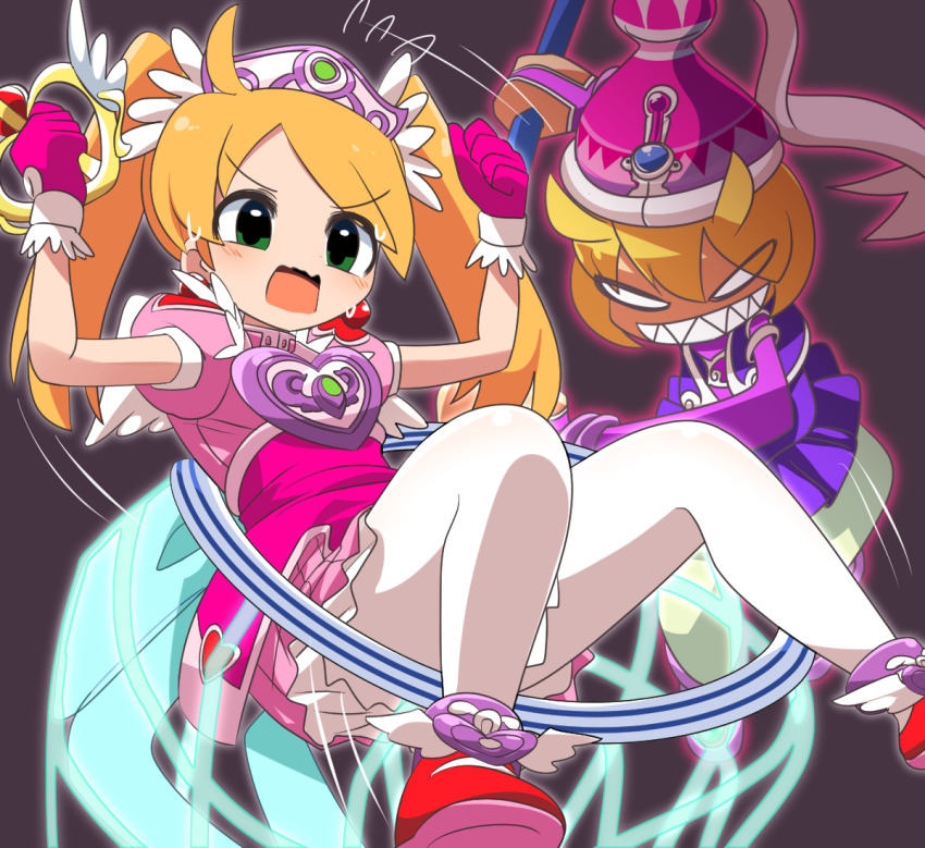 2girls blonde_hair blush brown_background butterfly_net character_request commentary_request crown dress full_body getchuman_fairy gloves green_eyes hand_net holding holding_butterfly_net lets0020 long_hair multiple_girls open_mouth pantyhose pink_gloves pink_shirt pink_skirt puffy_short_sleeves puffy_sleeves purple_dress red_footwear saru_getchu sayaka_(saru_getchu) sharp_teeth shirt short_sleeves simple_background skirt teeth twintails v-shaped_eyebrows white_pantyhose