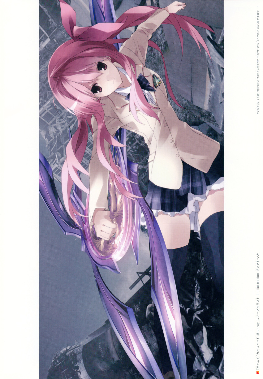 1girl absurdres antenna_hair black_thighhighs blazer bow bowtie breasts brown_jacket building buttons chaos;head clenched_hands collarbone collared_shirt d-sword debris determined dynamic_pose exif_rotation fighting frilled_skirt frills frown furrowed_brow hair_between_eyes highres holding holding_sword holding_weapon jacket lapels long_hair looking_to_the_side miniskirt non-web_source notched_lapels official_art petticoat pink_eyes pink_hair plaid_clothes plaid_skirt purple_skirt ruins sakihata_rimi sasaki_mutsumi school_emblem school_uniform shibuya_(tokyo) shibuya_109 shirt side_ponytail skirt small_breasts suimei_school_uniform sword thick_thighs thighhighs thighs tokyo_(city) urban weapon white_petticoat white_shirt zettai_ryouiki