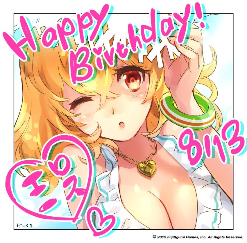 1girl artist_request bangle blonde_hair bracelet breasts cleavage company_name eros_(phantom_of_the_kill) framed hair_between_eyes happy_birthday heart heart_necklace jewelry large_breasts necklace official_art one_eye_closed open_mouth phantom_of_the_kill red_eyes